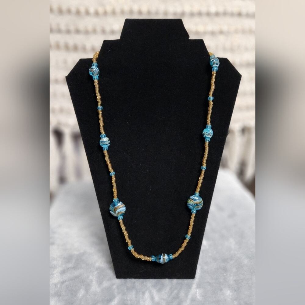 Blue and Gold Glass Beaded Necklace